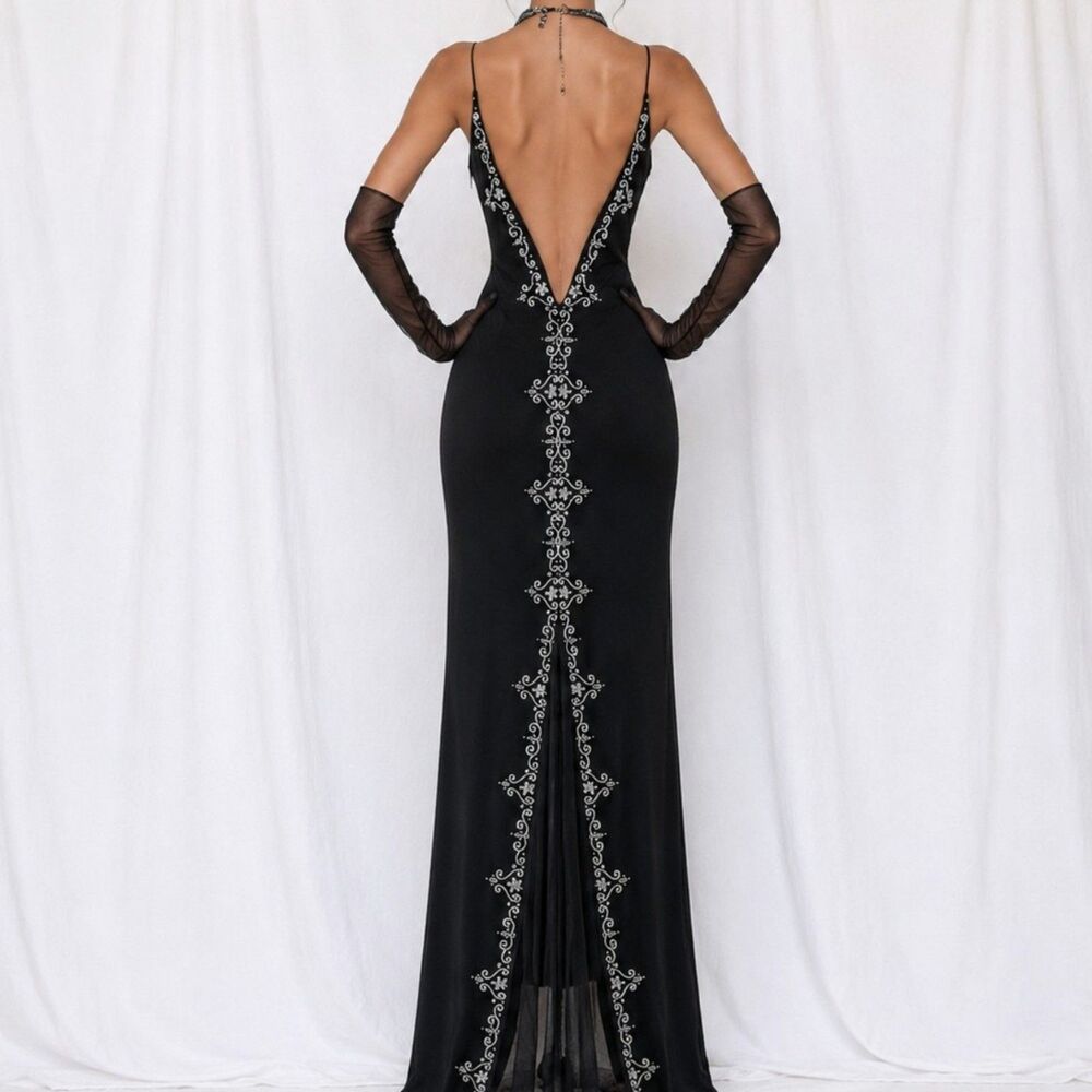Vintage Y2K 90s Black Beaded Knit Fit Flared Maxi Formal Prom Dress Size M/L